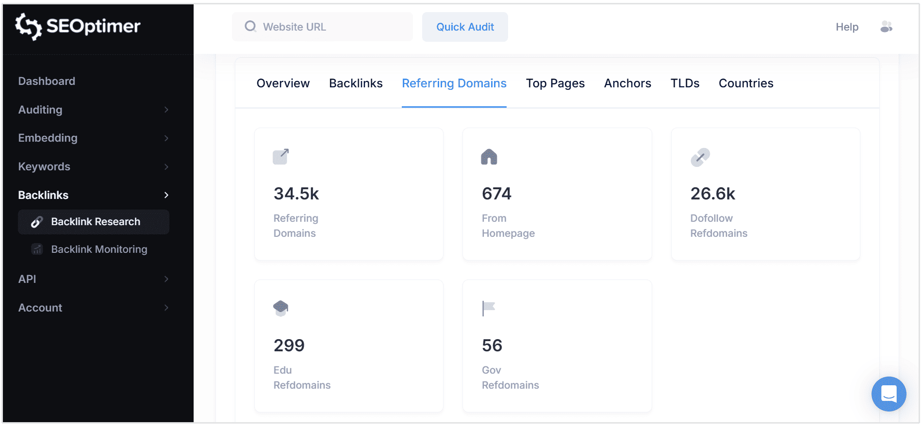 Referring Domains in SEOptimer Backlink Checker